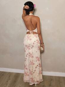 Glamine 女士优雅花卉印花露背连衣裙，夏季 - 杏色 - 查看 2