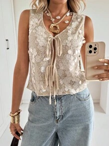 Siren Gaze 女士时尚亮片系带吊带背心，夏季 - 杏色 - 查看 3