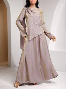 Veilorie 2pcs Women Asymmetric Layered Metal Buckle Glossy Top And Skirt Set