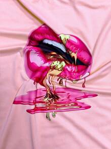 BamGleam 女士圆领短袖 T 恤，休闲唇印，春夏 - 粉色 - 查看 3