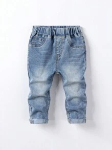 Baby Boy Denim Pants Baby Boy Casual Elastic Waist Washed Blue Cuffed Hem Jeans Baby Boy Denim Pants Baby Boy Jeans Baby Boy Jeans Baby Jeans My First Christmas My First Halloween Casual Versatile Denim Jeans, Autumn/Winter 2025 New Arrival, Suitable For Daily Wear Collegiate Style, Street Fashion, Casual, Retro, Pop, Bohemian Style, Street Style, Basic Versatile Model, Daily Outings, School Commuting, Gatherings, Home, Vacation, Picnics, Back-To-School Season, Halloween, Christmas Fall - Light Wash - View 3