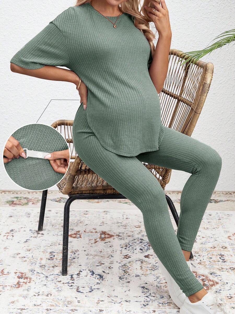SHEIN 2pcs/Set Maternity Solid Crew Neck Short Sleeve Top And Casual Pants - Green - View 1