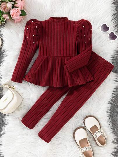 Genkimix Kids 2pcs/Set Girls Casual Sports Comfortable Long Sleeve Hooded Outfit, Autumn Girls Ribbed Set Red Girls Outfit Set Burgundy Kids Outfit Girl Maroon Outfits Girls Winter Outfit Set Fall