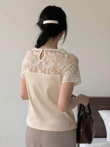 DAZY 女士优雅蕾丝拼布圆领短袖T恤，夏季 - 白色 - 查看 4