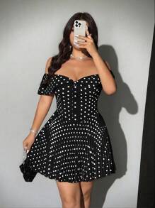 Viva Relle Plus Size Women's Elegant Romantic Off Shoulder Polka Dot Pleated Mini Dress