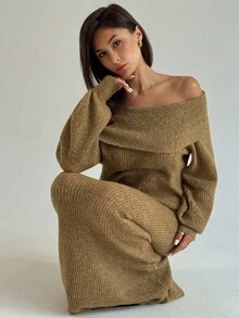 Aloruh 秋冬新款燕麦色露肩灯笼袖修身套头针织毛衣和加长美人鱼下摆中裙套装 - 杏色 - 查看 4