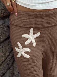 SHEIN EZwear Women's Solid Color Vacation Style Knit Wide Leg Pants - Coffee Brown - View 7