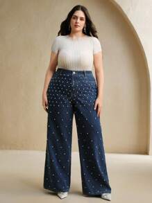 Anewsta Plus Size Fashion Beaded Embellished Straight Leg Jeans For Women, Suitable For Festival, Casual, Elegant