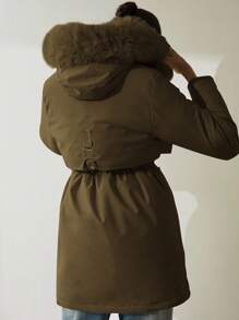 Aveloria Modichic 女士休闲纯色抽绳腰仿毛领连帽加厚棉服外套，冬装 - 咖啡棕 - 查看 2