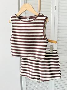 SHEIN Tween Girl Casual Basic Textured Knit Sleeveless Top And Shorts Set Girls Striped Two Piece Set Girls Striped Short Set Two Piece Summer Set Kids Tween Girls Striped Two Piece Kids Striped Two Piece Set