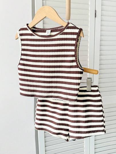 SHEIN 青少年女孩休闲基本款纹理针织无袖上衣和短裤套装