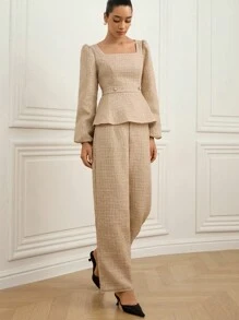 Aveloria Rosie Elegant Wool Blend Puff Sleeve Crop Top And Classic Pants 2 Pieces Set For Women Fall Cloth For Women , Square Neck Top