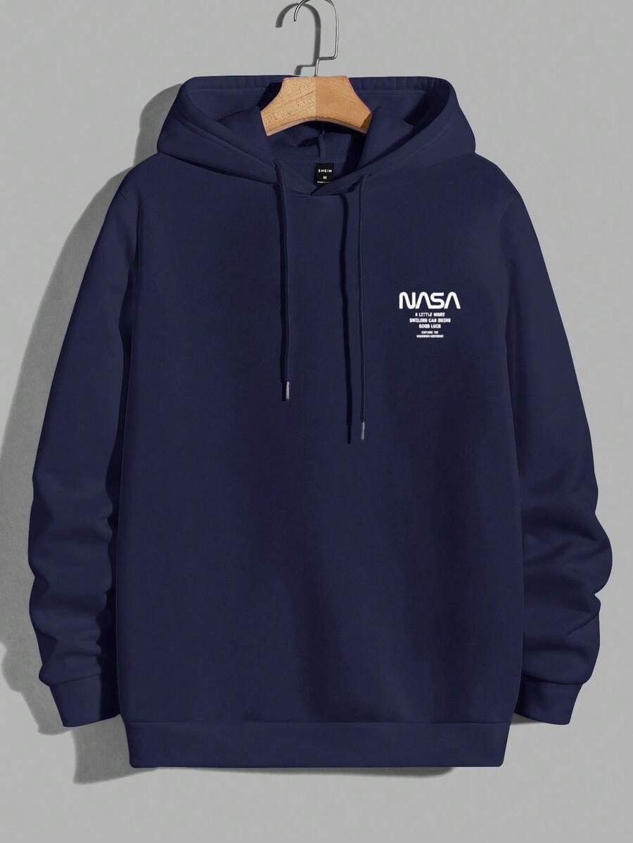 EURMUSE Men's Casual Slogan Print Hoodie Sweatshirt, Autumn/Winter - Navy Blue - View 1