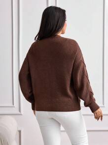 EURMUSE Plus Size Women's Loose Fit Solid Round Neck Long Sleeve Cardigan For Vacation, Long Sleeve Tops - Brown - View 2