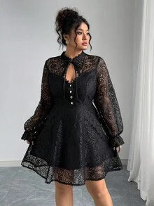 Elenzga Đầm dự tiệc dài tay ren thanh lịch cỡ lớn dành cho nữ - màu đen - Xem 4