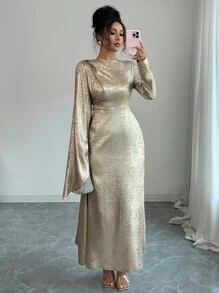 Elenzga 女士天鹅绒面料喇叭袖不对称设计后系腰鱼尾优雅中长连衣裙，适合日常通勤 - 金色 - 查看 3