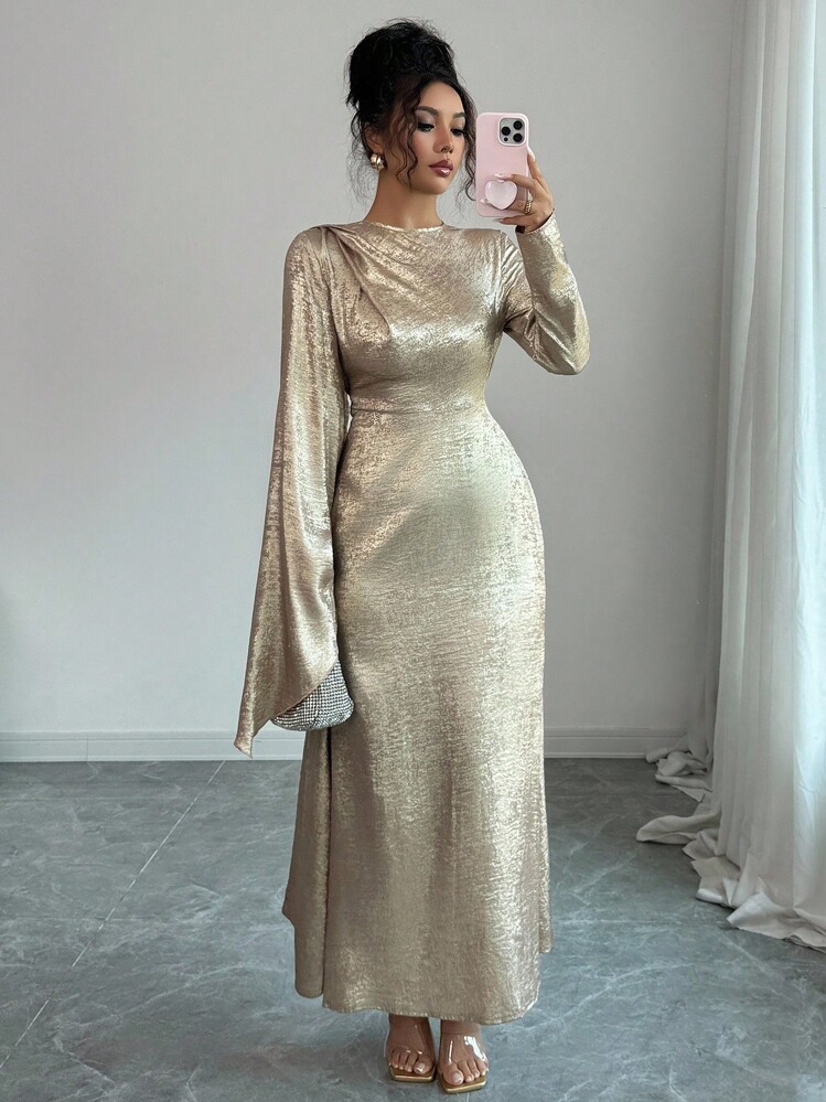 Elenzga 女士天鹅绒面料喇叭袖不对称设计后系腰鱼尾优雅中长连衣裙，适合日常通勤 - 金色 - 查看 3