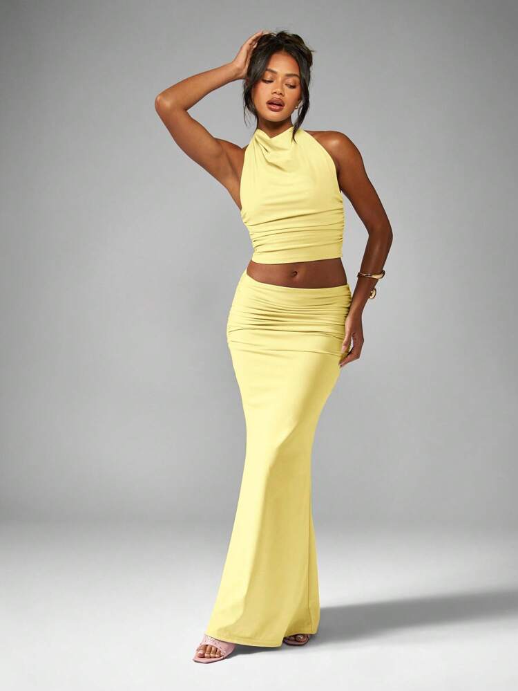 MISSGUIDED Two Piece Outfit High Neck Ruched Halter Crop Top Long Maxi Skirt Co Ord Set Evening Party Wedding Guest Summer Fashion