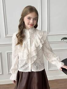 SHEIN بلوزة أنيقة وناعمة بأكمام واسعة مزخرفة بالجاكار ذات طوق عالي مع كشكشة، لون المشمش، مناسبة للارتداء اليومي والعودة للمدرسة - لون مشمشي - مشاهدة 6