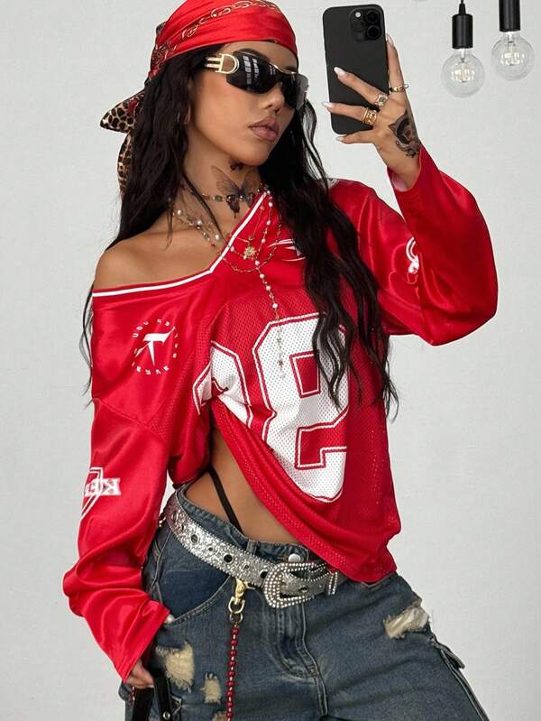 Coolane Women's & Men's Summer Streetwear Athleisure Mesh Graphics Red V-Neck Long Sleeve Jersey