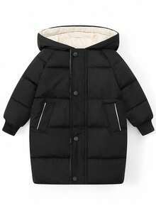 Young Girl Solid Color Hooded Padded Coat, Mid-Length,In Fall/Winter - Black and White - View 1