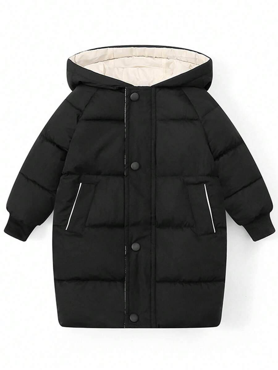 Young Girl Solid Color Hooded Padded Coat, Mid-Length,In Fall/Winter - Black and White - View 1