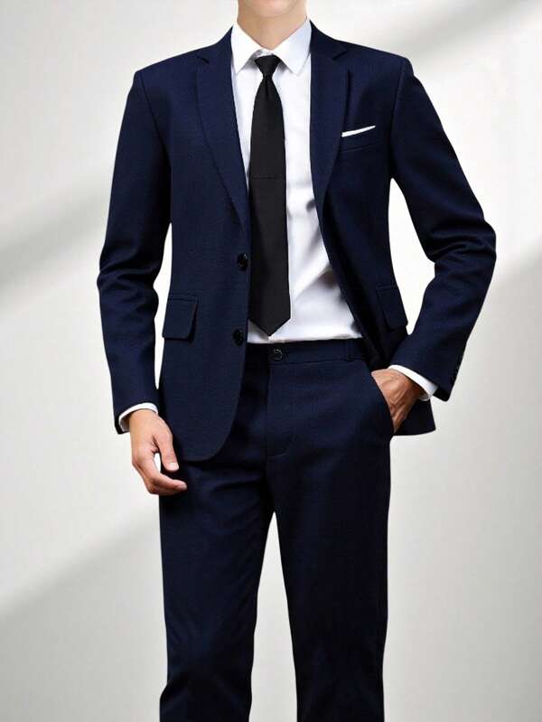 SHEIN 2pcs Teen Boys Gentleman Suit Set, Consisting Of Tailored Jacket And Smart Trousers Made Of Premium Blended Fabric, Elegant, Formal Outfit Suitable For Spring/Summer, Birthday Party, Ceremony, Performance, Hosting, Wedding Season, Valentine's Day, Birthday, Wedding, Graduation