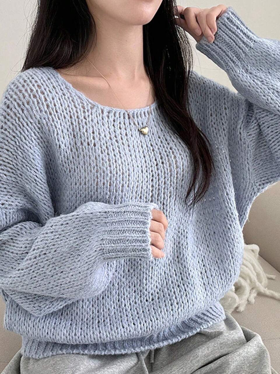 Vintage Thick Yarn Loose Fit Crew Neck Pullover Sweater, Versatile For Autumn/Winter