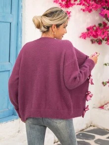 Vivid Eden Suéter de Manga Longa com Laço Decorativo em Cor Sólida para Mulheres, Cardigã Roxo, Cardigã Felpudo, Suéter Roxo, Cardigã Feminino, Cardigã com Laço, Casual para Mulheres, Cardigã com Nó em Laço, Cardigã para Mulheres no Outono e Inverno - Rosa chiclete - Visão 4