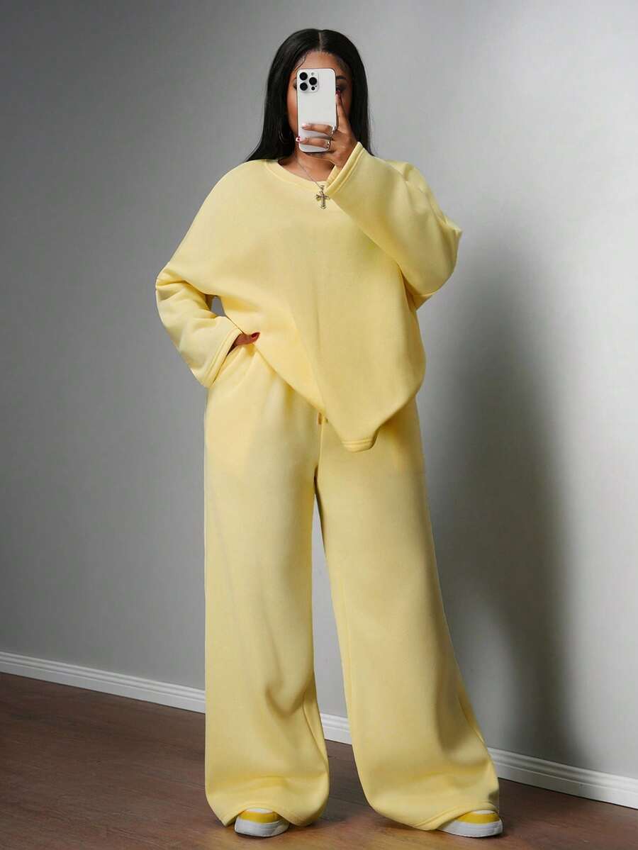 Slaydiva 两件套春夏度假休闲粉色长袖宽松圆领上衣和阔腿直筒口袋裤，柔软面料大码女式运动套装黄色两件套女士舒适两件套针织两件套两件套 - 黃色 - 查看 1