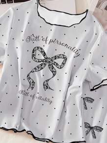 青少年女孩两件套睡衣套装，灰色蝴蝶印花圆领荷叶边下摆短袖上衣和裤子，休闲家居服 - 灰色 - 查看 3