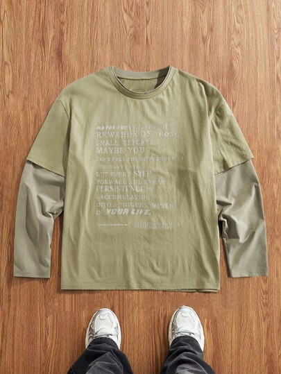 EASEVO Camiseta de manga larga casual de cuello redondo con estampado de letras 2 en 1 para hombres de talla grande