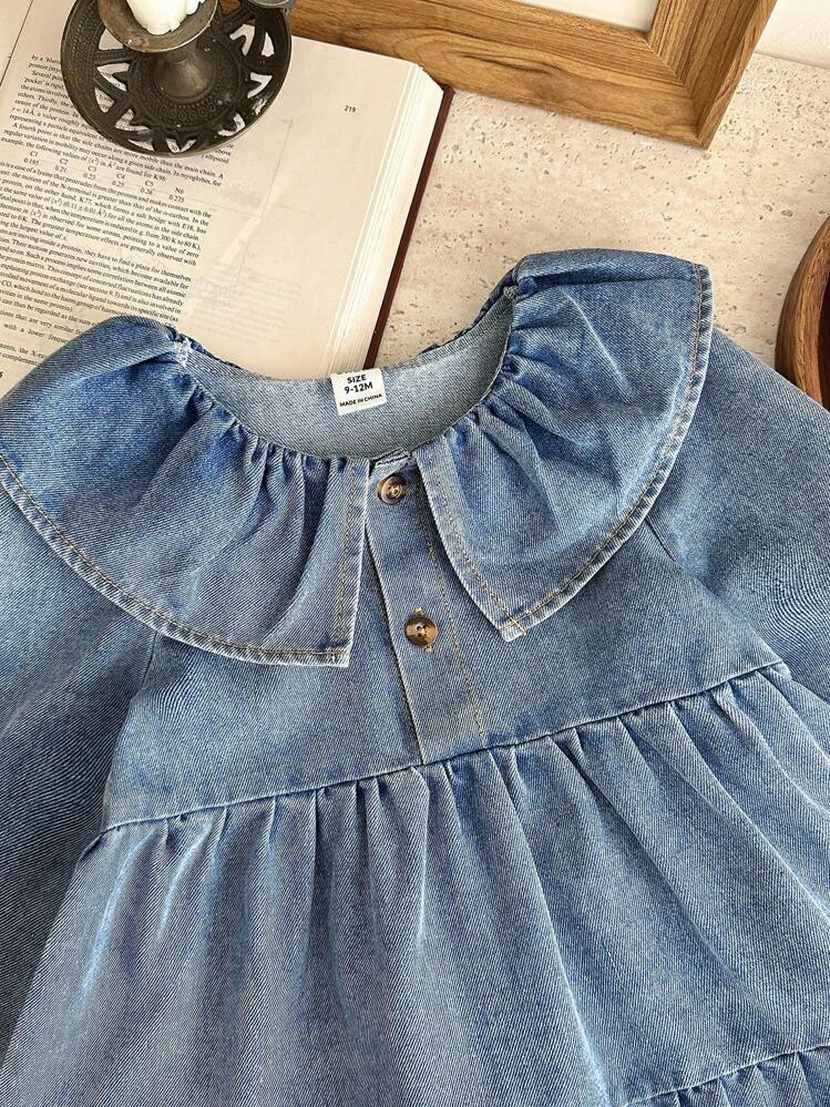 Vintaside Kids Babygirl 婴儿/女婴领口长袖时尚高端牛仔水洗连衣裙，适合温和天气，非常适合在寒冷月份为宝宝保暖。设计兼具实用性和时尚感，非常适合日常穿着。 - 藍色 - 查看 9