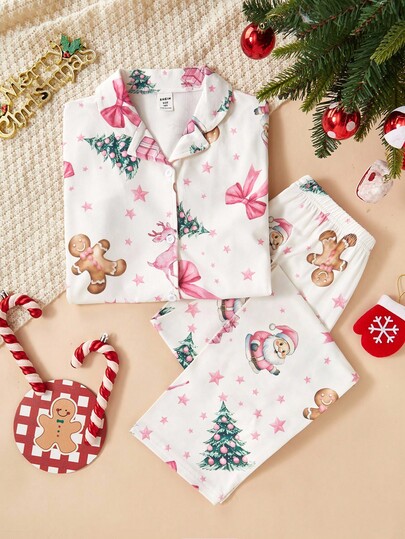 Set de pijamale pentru fete cu căprioare roz de Crăciun, brad de Crăciun, cadou de Crăciun, fundă de Crăciun, element de turtă dulce, confortabil, cu mânecă scurtă, cardigan lung