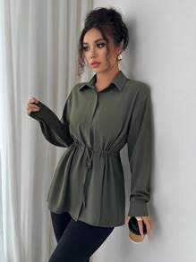 SHEIN Elenzya Women's Elegant French Office Commute Street Snap Utility Shirt, Featuring Shirt Collar, Front Placket, Waist Drawstring, Bowknot, Long Sleeve, Suitable For Spring, Autumn And Winter - Army Green - View 4