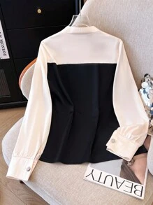 Franclia Women's Elegant Detailed V-Neck Long Sleeve Contrast Color Button Decorated Blouse, Spring/Autumn Fall Cloth For Women - Multicolor - View 2