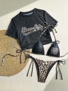 BamGleam Women's Summer Beach Leopard Print Number Halter Bikini Top With Side Tie, Leopard Print Triangle Bottoms, And Letter Print Mesh Crop Top 3 PiecesSwimsuit Set For Vacation - Multicolor - View 1