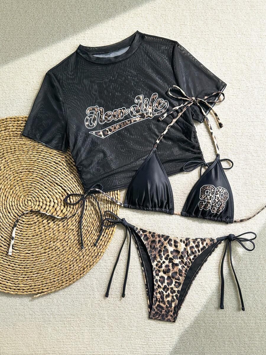BamGleam Women's Summer Beach Leopard Print Number Halter Bikini Top With Side Tie, Leopard Print Triangle Bottoms, And Letter Print Mesh Crop Top 3 PiecesSwimsuit Set For Vacation - Multicolor - View 1