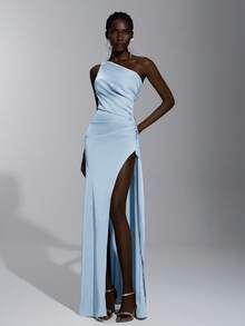 SHEIN Belle Elegant, Romantic, Sexy, Minimalist, Light Yellow, Satin, Stretchy, Backless, Ruffle Hem, Bodycon, High Slit, Fashionable, Influencer Style, Suitable For Holidays, Vacation, Birthday Party, Wedding, Bridesmaid Dress - Baby Blue - View 6