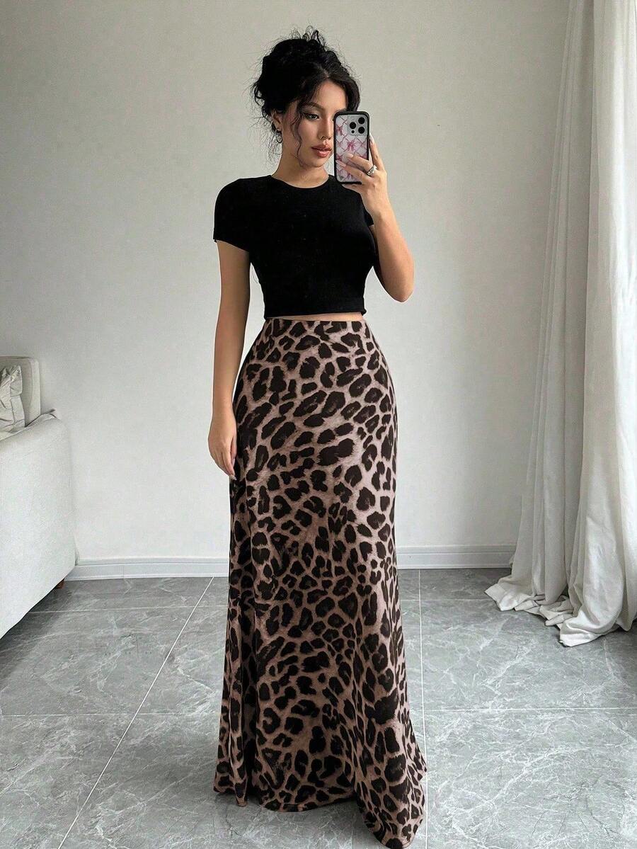 SHEIN Tall A-Line Leopard Print Elastic Waist Women's Skirt - Coffee Brown - View 1