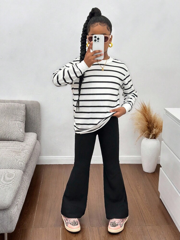 青少年女孩休闲条纹圆领套头衫 - 黑與白 - 查看 7