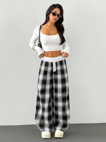 SHEIN PETITE 女款黑白格纹秋冬拉绒阔腿裤 - 黑與白 - 查看 5