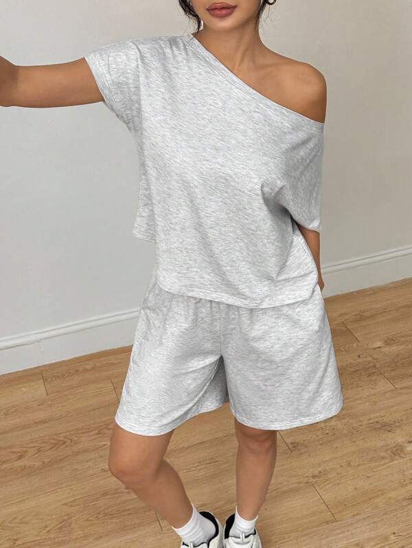 SHEIN PETITE Grey Knit Asymmetric Collar Short Sleeve Top And Shorts Sweatsuit Set