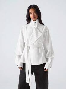 LYSMO Áo khoác trench coat dài tay cổ lọ kẻ sọc thời trang đa năng cho nữ mùa thu/đông - trắng - Xem 5