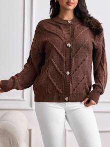 EURMUSE Plus Size Women's Loose Fit Solid Round Neck Long Sleeve Cardigan For Vacation, Long Sleeve Tops - Brown - View 3