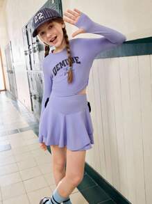 JNSQ 青少年女孩 2 件套服装套装 - 图案字母和蝴蝶结印花长袖上衣搭配 A 字裙，适合秋冬日常穿着、户外活动、度假、街头服饰、派对和休闲