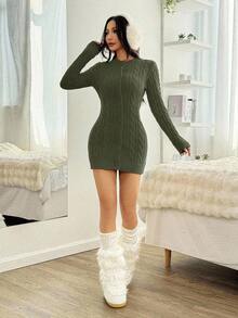EURMUSE Robe pull moulante en tricot torsadé avec col en fourrure de Noël - Militaire verte - Voir 3