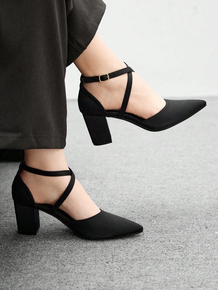 CUCCOO BIZCHIC Women's Classic Pointed Toe Chunky Heel Black High Heel Pumps, Hollow Criss-Cross Strap Comfortable Versatile Dress Shoes For Daily Commute For Christmas Spring Shoes