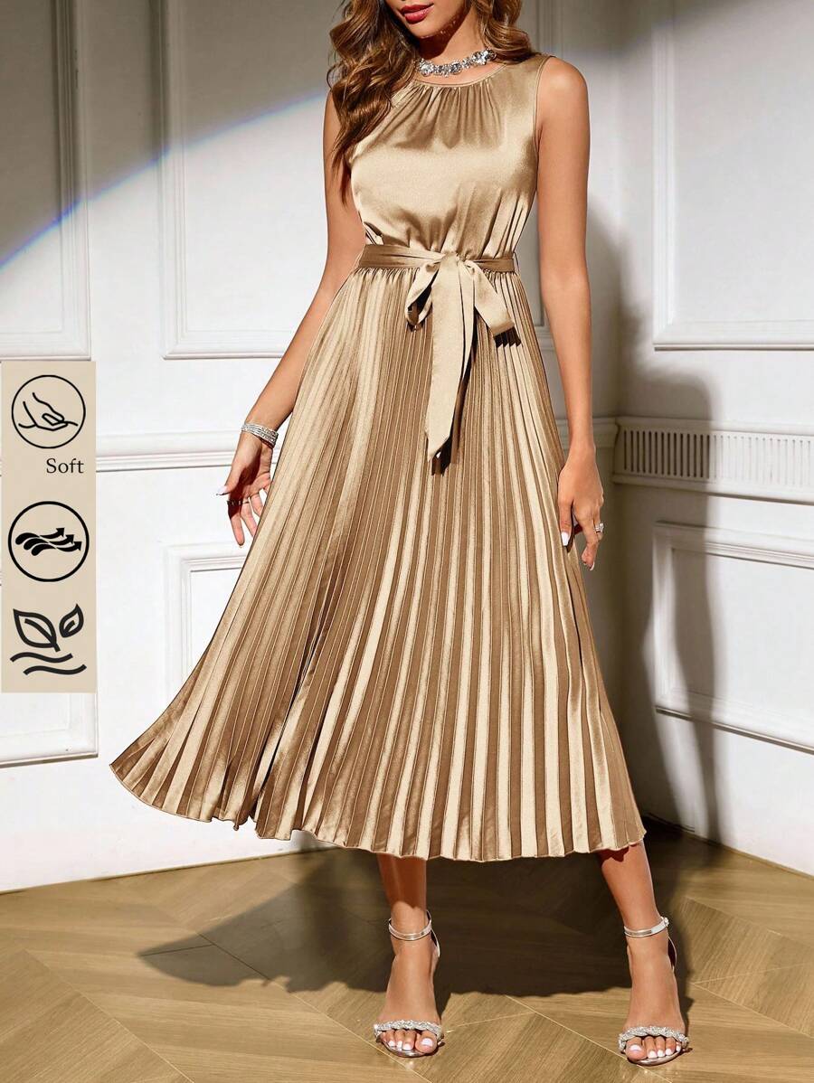 SHEIN Clasi 女士纯色圆领无袖中长连衣裙 - 杏色 - 查看 1