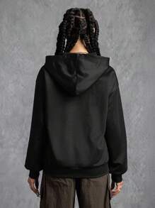 GODZILLAxKONG X SHEIN Áo nỉ trùm đầu rộng rãi họa tiết quái vật và chữ cái dành cho nữ - màu đen - Xem 2